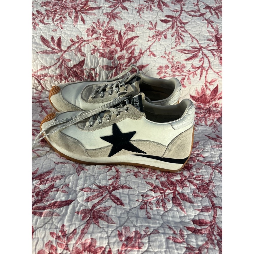 Vintage Havana Women White Leather Suede Star Sneakers Silver Croc Heel Size 10